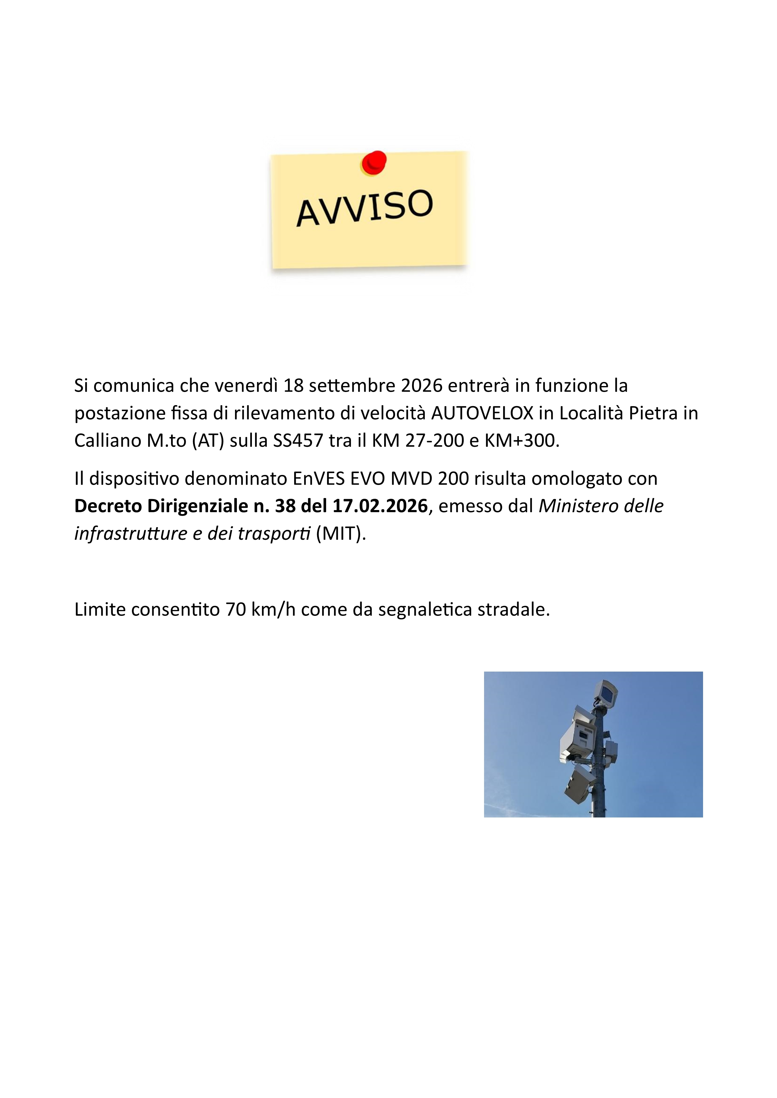 Avviso Attivazione Autovelox