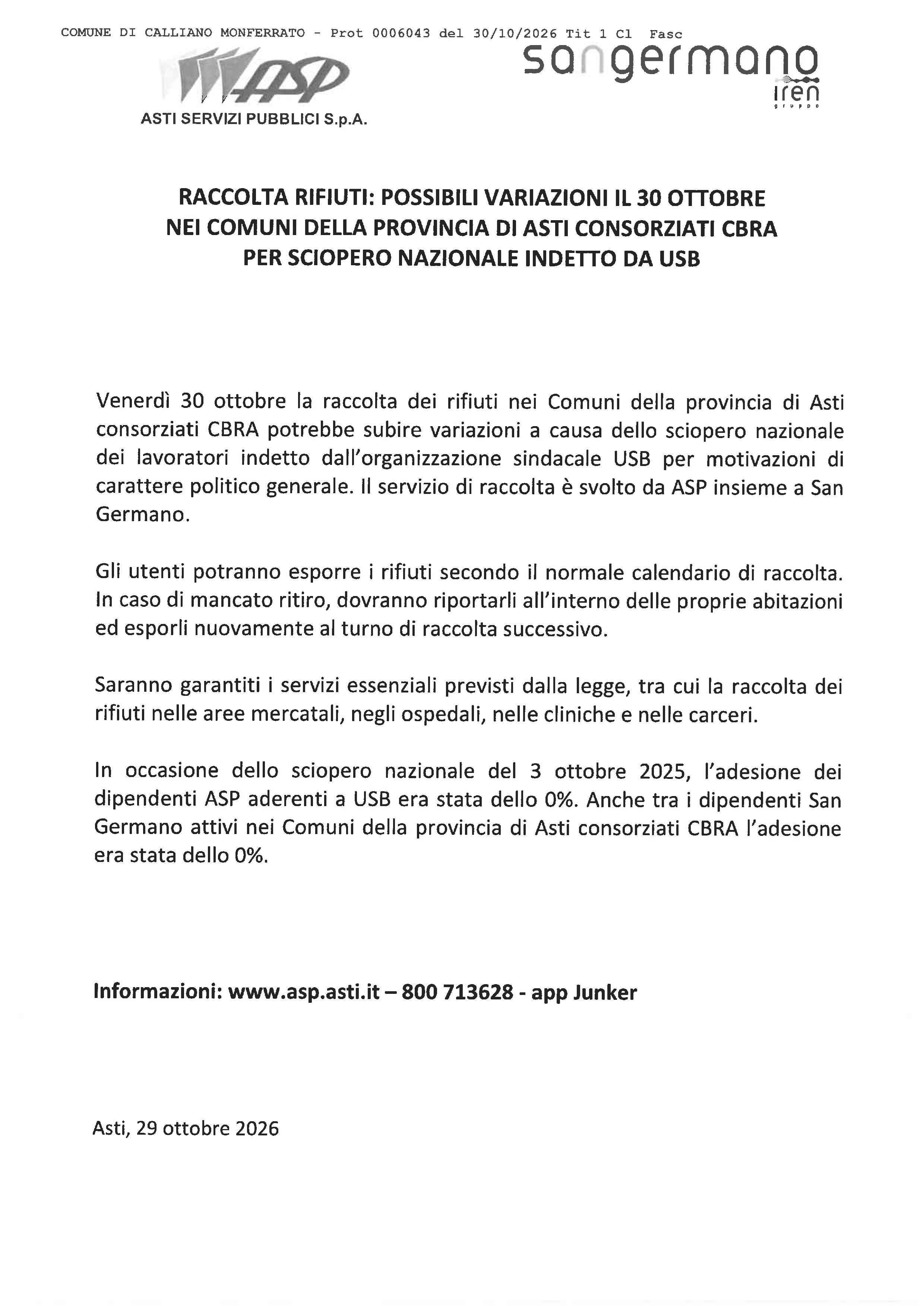 AVVISO Possibili variazioni il 30.10 per Sciopero Nazionale