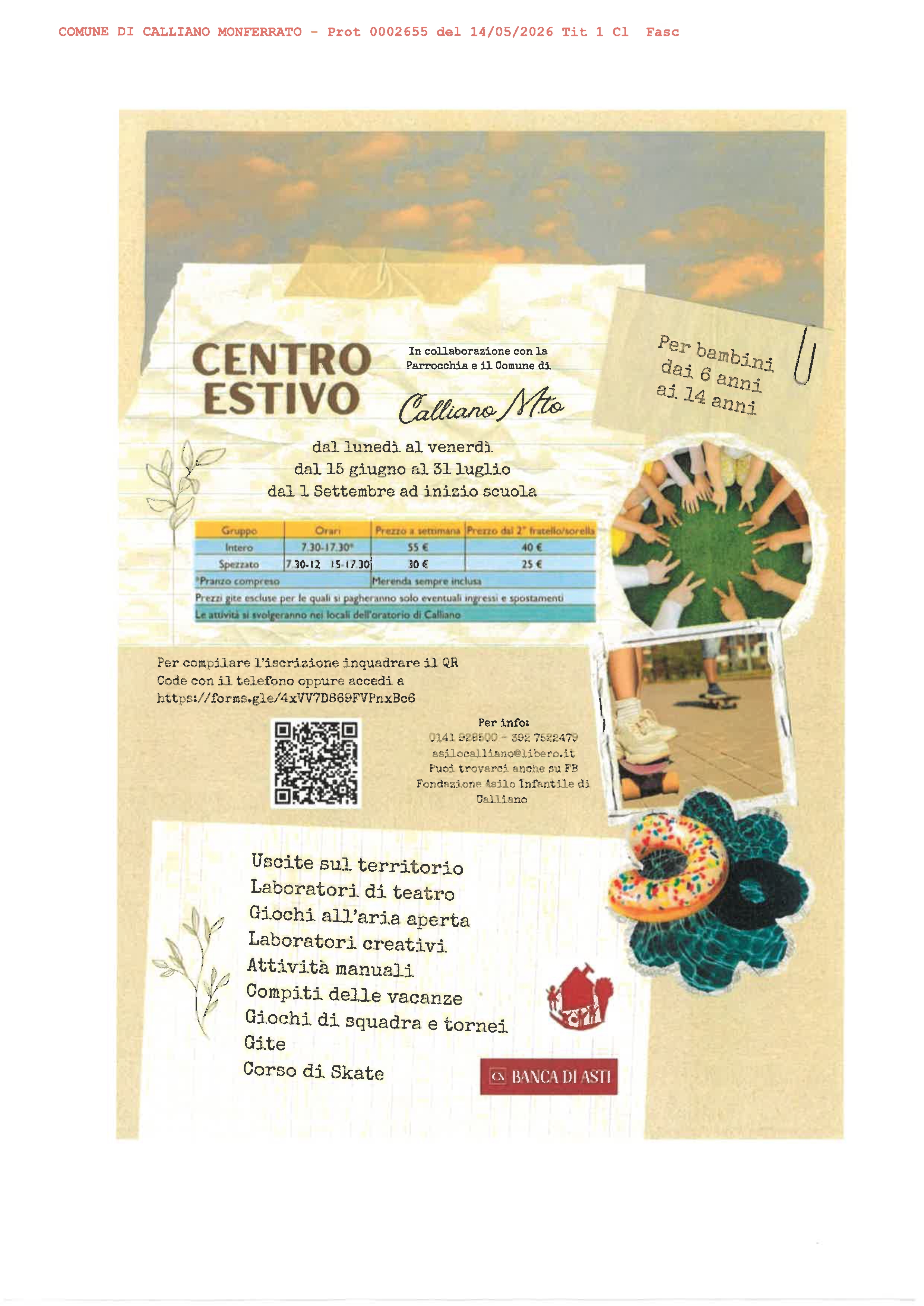Centro Estivo 2026 Calliano M.to dal 15.06 al 31.07 e dal 01.09 ad inizio scuola.