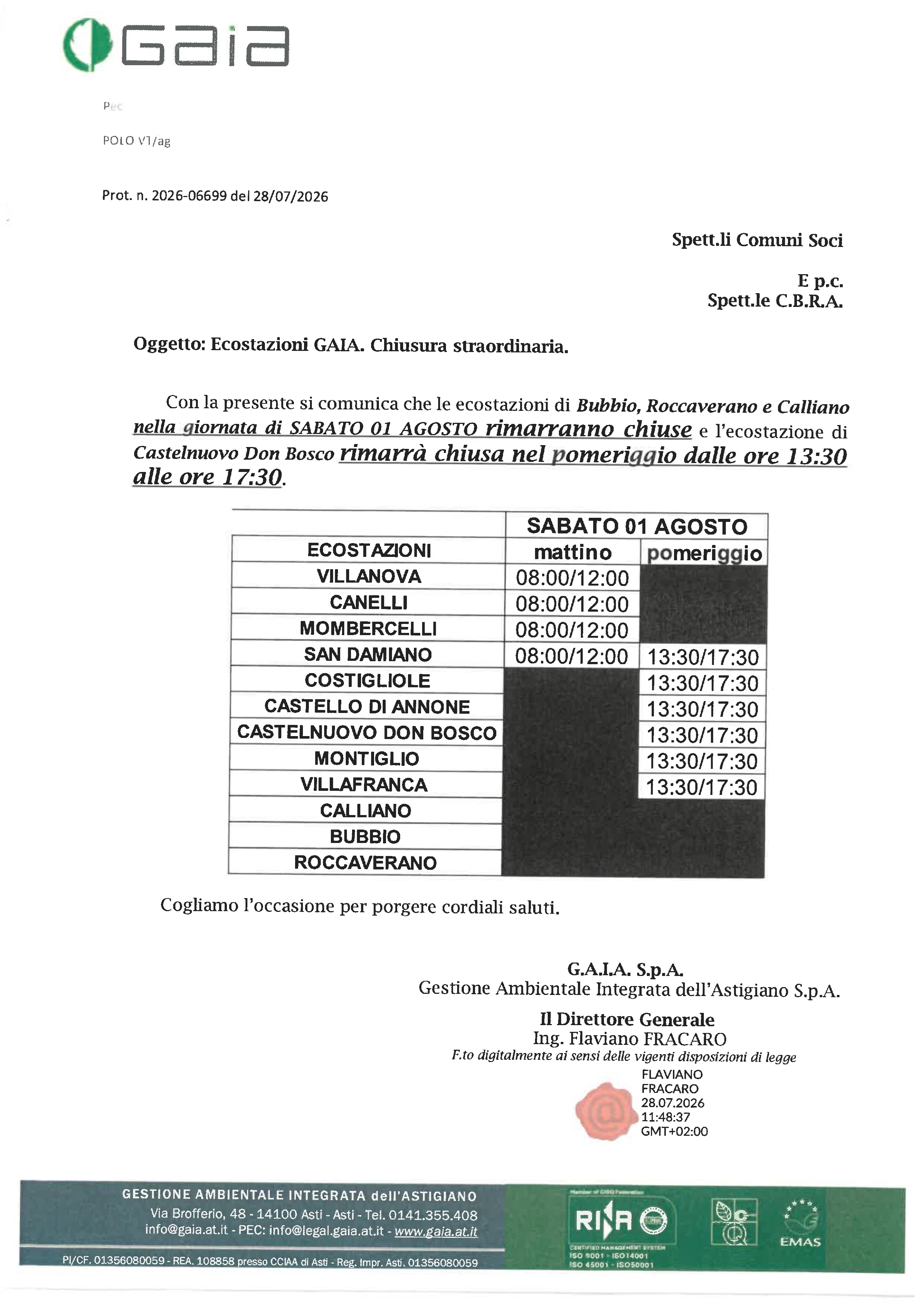 Chiusura straordinaria Ecostazione GAIA Calliano M.to Sabato 1 agosto