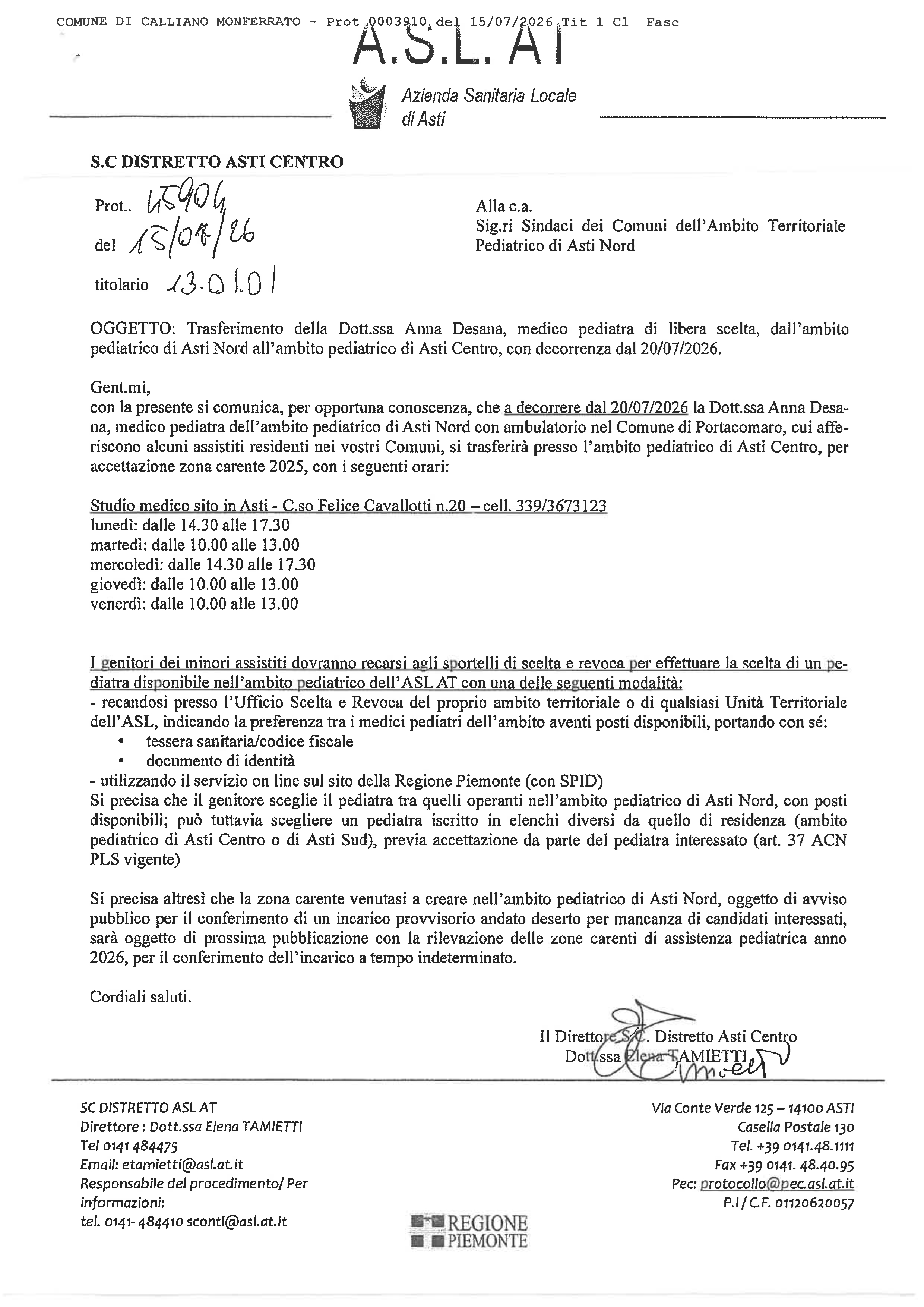 Trasferimento della DR. Anna Desana orari di ricevimento